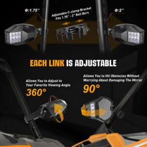 2X UTV Rear View Side Mirrors LED Light For Polaris RZR XP S 900 1000 Can-am x3 - Image 4