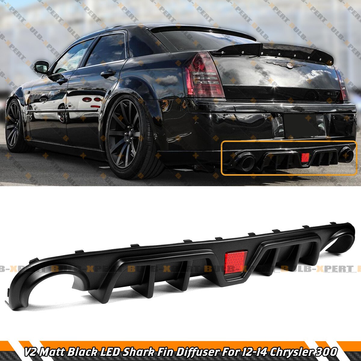 For 2012-2014 Chrysler 300 SRT V2 Matte Black Shark Fin LED Rear Bumper Diffuser