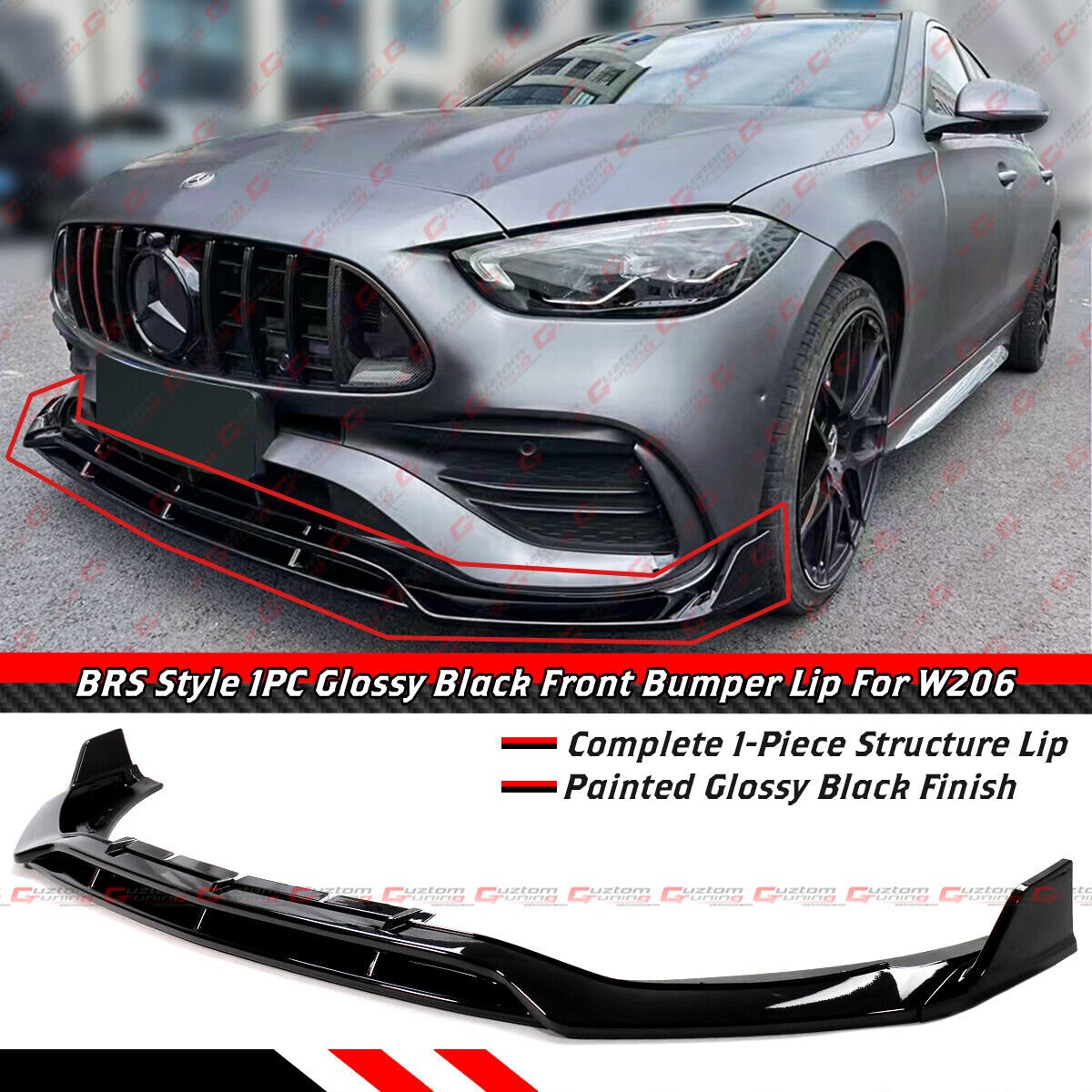 FOR 22-25 MERCEDES BENZ C CLASS W206 AMG BRS STYLE GLOSS BLACK FRONT BUMPER LIP