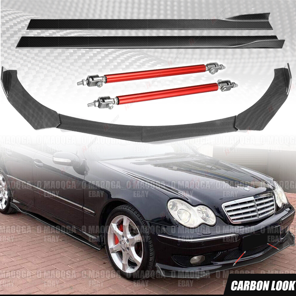 Front Bumper Lip Side Skirt Strut Rods For Mercedes W203 C320 C230 Carbon Style