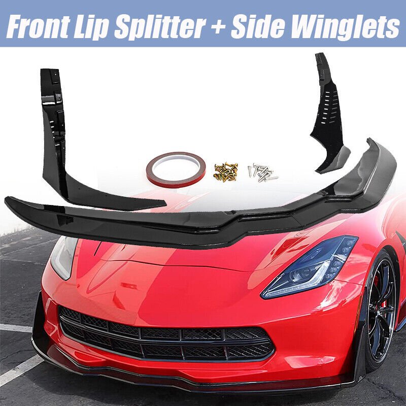 Front Lip Splitter For 14-19 Chevrolet Corvette C7 Stingray Stage 3 GLOSS BLACK